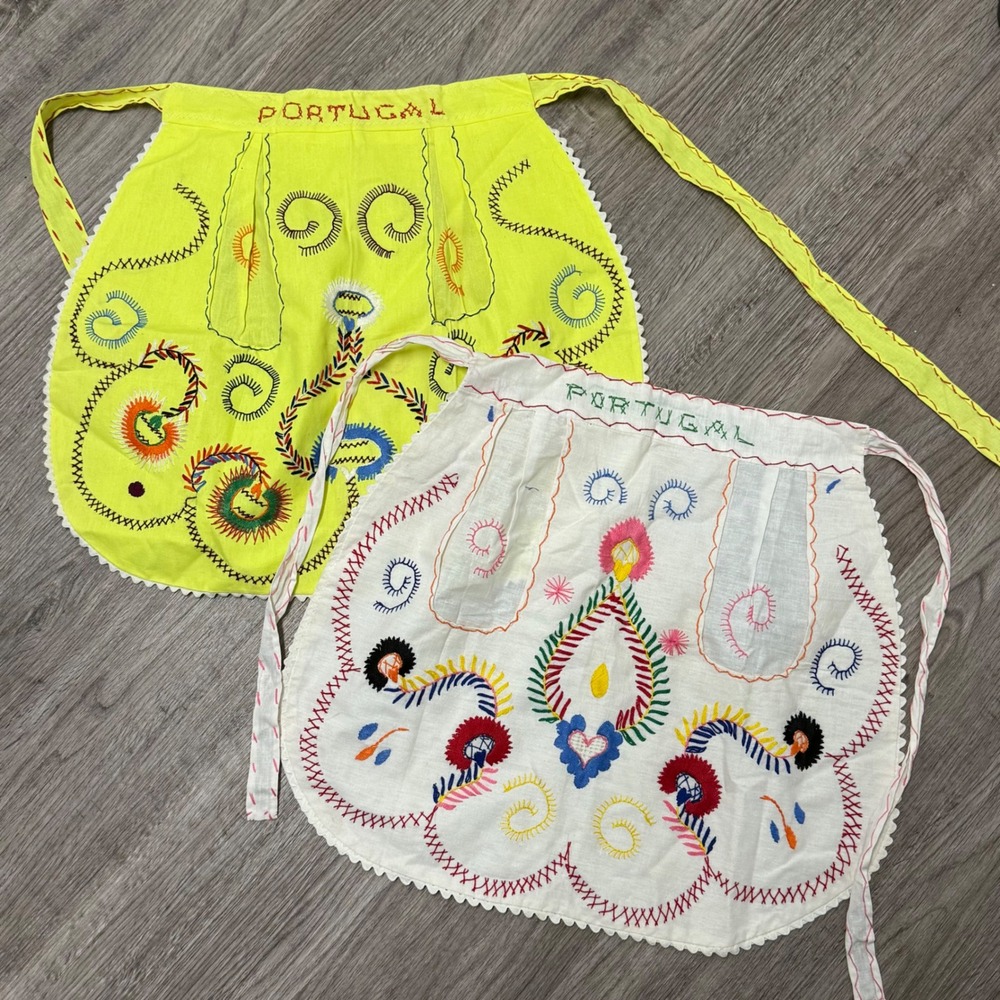 Vintage Portugal‎ Half Apron Set of 2 Yellow White Folk Hand Embroidered Pockets